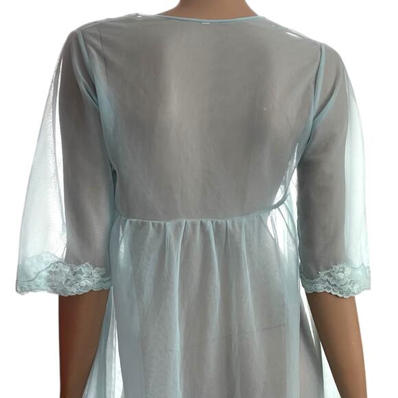 Vintage Blue Chiffon Tulle Lace Robe Double Layer Lingerie - Picture 7 of 9